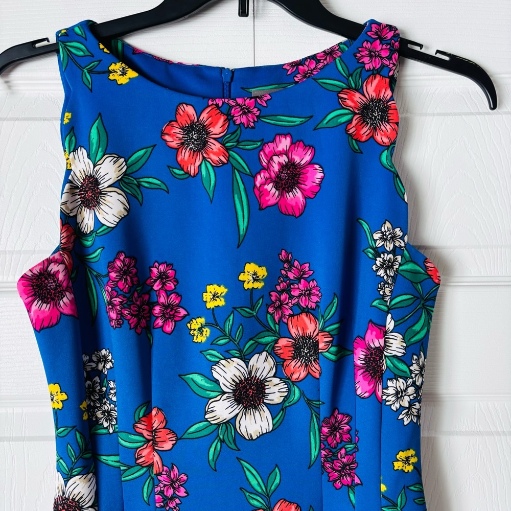 Vince Camuto Blue Dress with Pink Floral Design Side Pockets Scalloped Trim